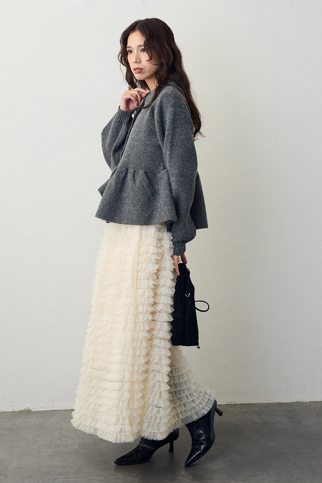 [予約/SET]ポロ襟ペプラムニットプルオーバー+ホイップチュールティアードスカート(2set)