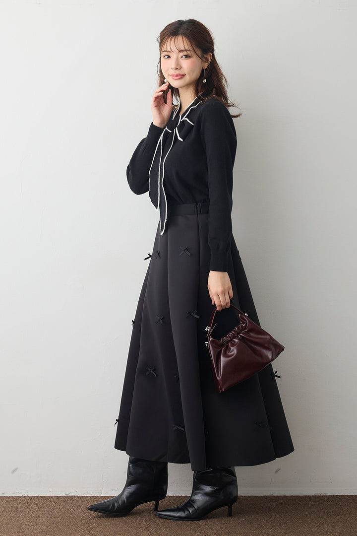 [予約/SET]配色ボウタイリボンニット+マルチパターンボンディングフレアスカート(2set)