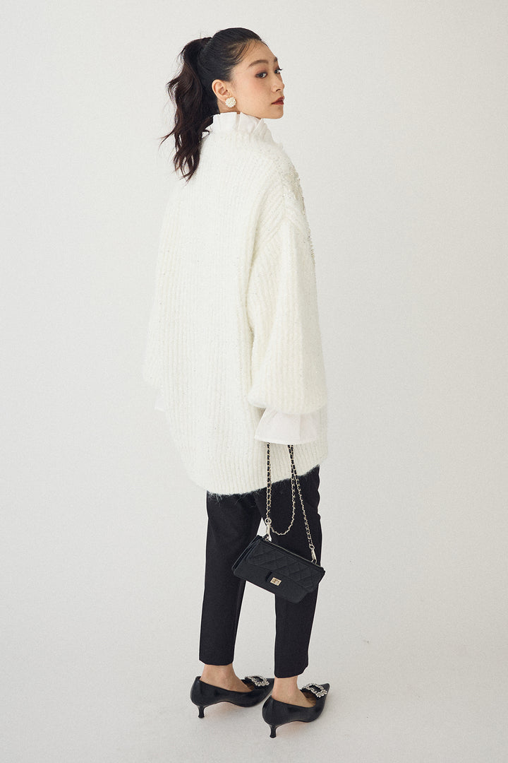 [予約/SET]ダブルプリーツカラーブラウス+ビーズフラワースパンコールシャイニーニットカーデ+タックテーパードパンツ(3set)