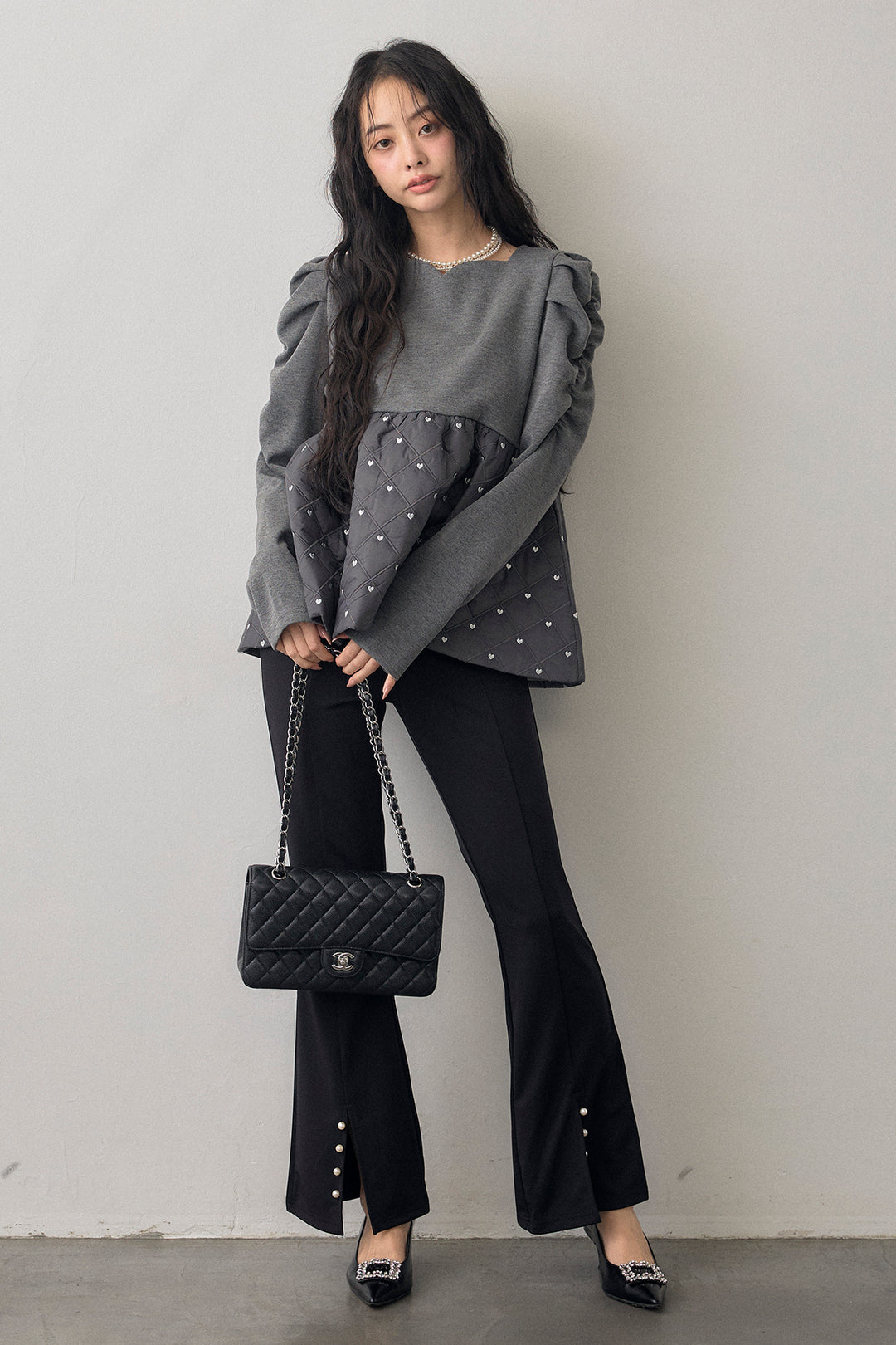 [予約/SET]ハートキルティングドッキングぺプラムチュニック+センタースリットパールパンツ(2set)