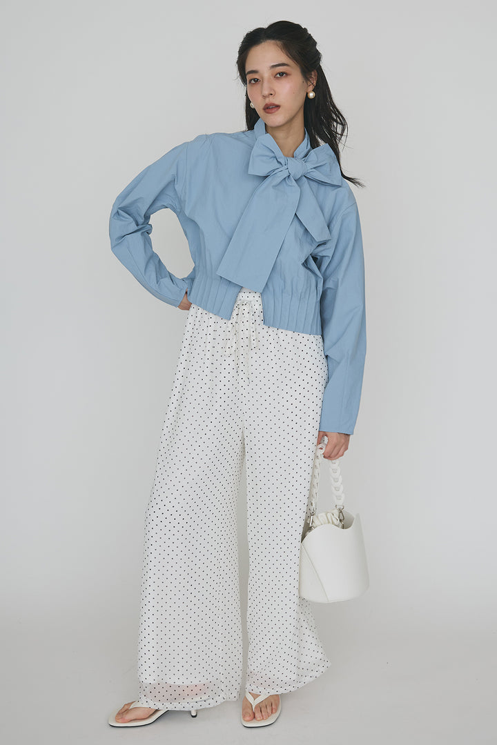 [予約/SET]フロントファスナーヘムタックボウタイブラウス+シアードットリラックスパンツ(2set)