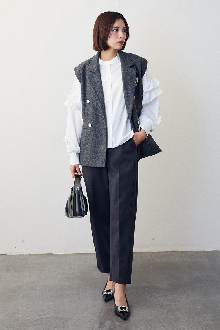 [予約/SET]スタンドカラーラッフルフリルスリーブブラウス+バックリボンテーラーベスト+ウォームセンタープレス美ラインテーパードパンツ(3set)