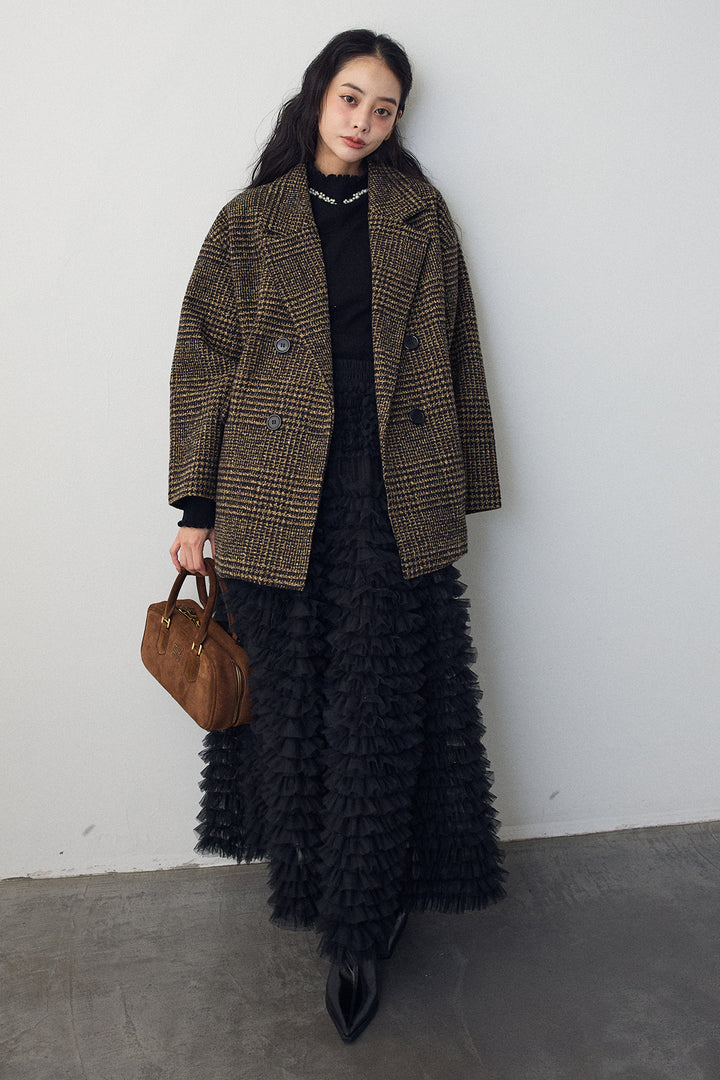 [予約/SET]チェック柄ボクシーコート+ホイップチュールティアードスカート(2set)