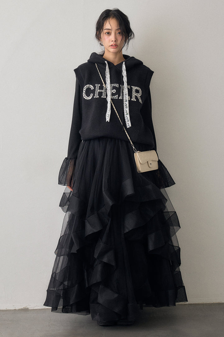 [予約/SET]チュールシアーカフスリブニット+レースリボンロゴフードスリーブレスニット+ランダムフリルティアードボリュームスカート(3set)