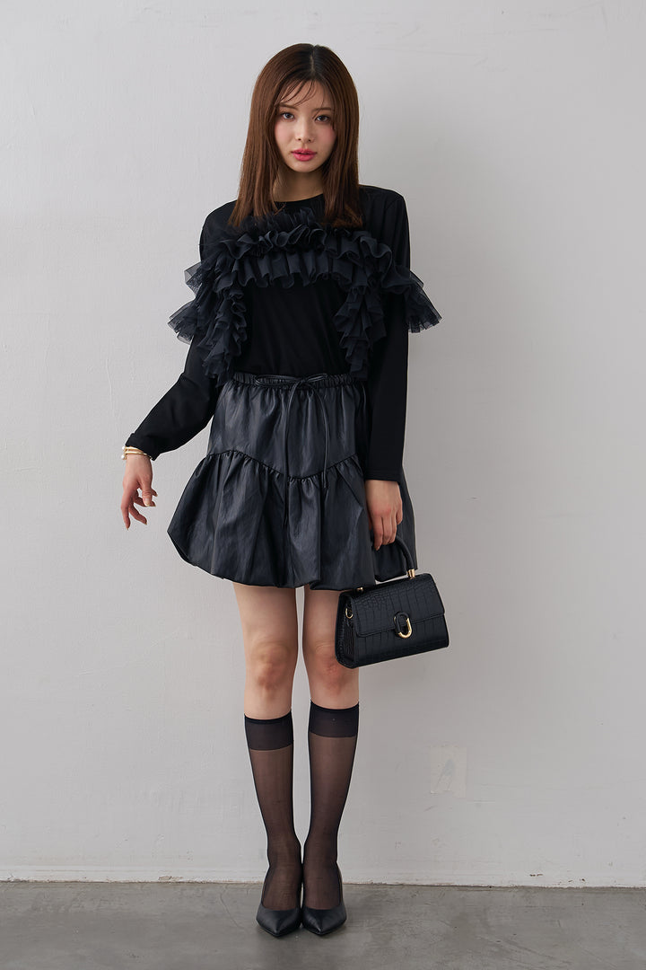 [予約/SET]マルチwayフリルカットトップス+フェイクレザーティアードバルーンミニスカート(2set)