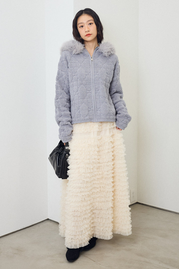 [予約/SET]フードファーキルトZIPニットブルゾン+ホイップチュールティアードスカート(2set)