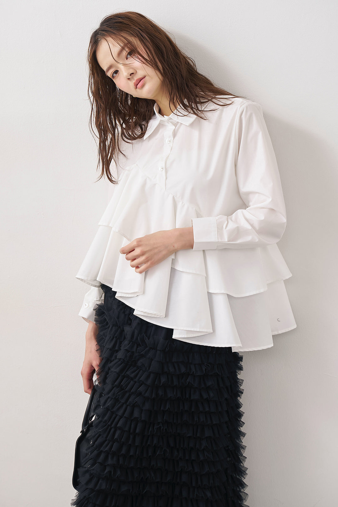 [予約/SET]アシメフリルティアードシャツ+ホイップチュールティアードスカート(2set)