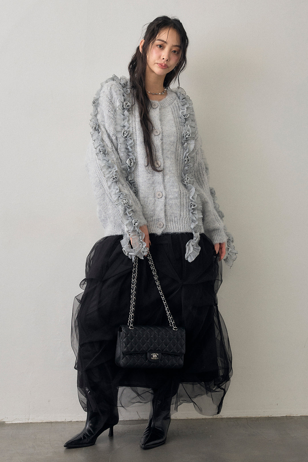 [予約/SET]フリルローズドッキングニットカーデ+マルチパターンタックチュールスカート(2set)