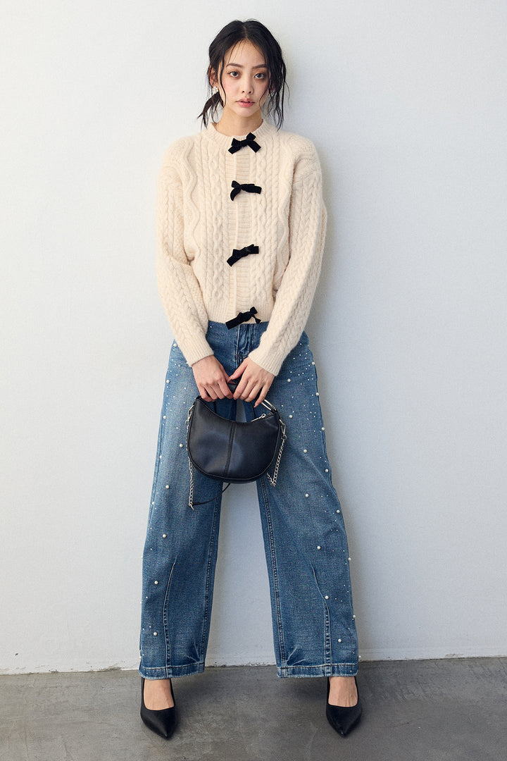 [予約/SET]ベロアリボンケーブルニットカーデ+パールラインストーンハイウエストデニム(2set)