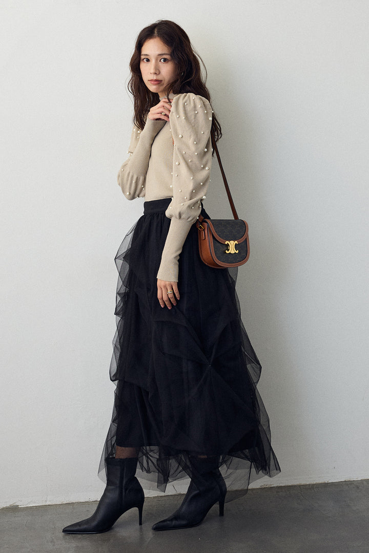 [予約/SET]パフスリーブランダムパールニット+マルチパターンタックチュールスカート(2set)
