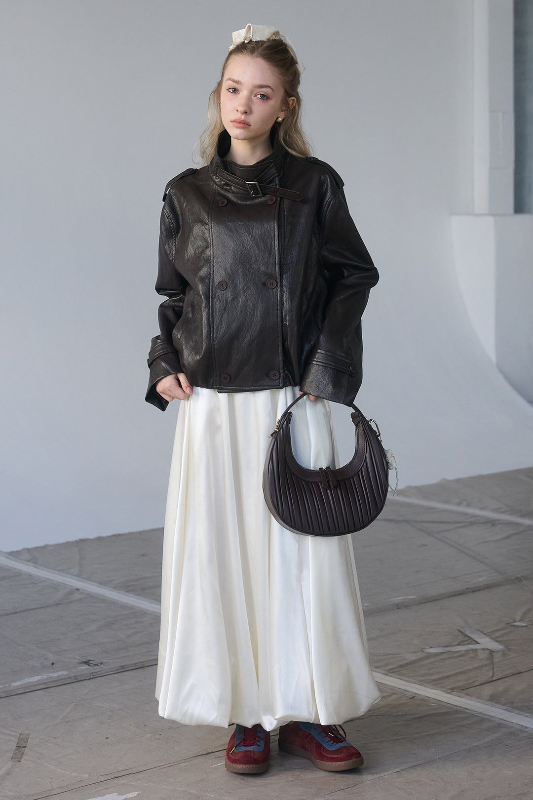 [予約/SET]レザーライククロップドジャケット+サテンシャイニーバルーンスカート(2set)