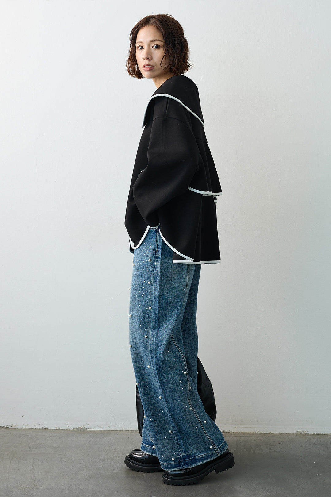 [予約/SET]バイカラーボンディング襟付きコート+パールラインストーンハイウエストデニム(2set)