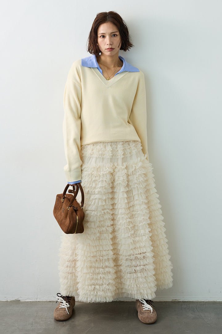 [予約/SET]配色襟レイヤード風ニット+ホイップチュールティアードスカート(2set)