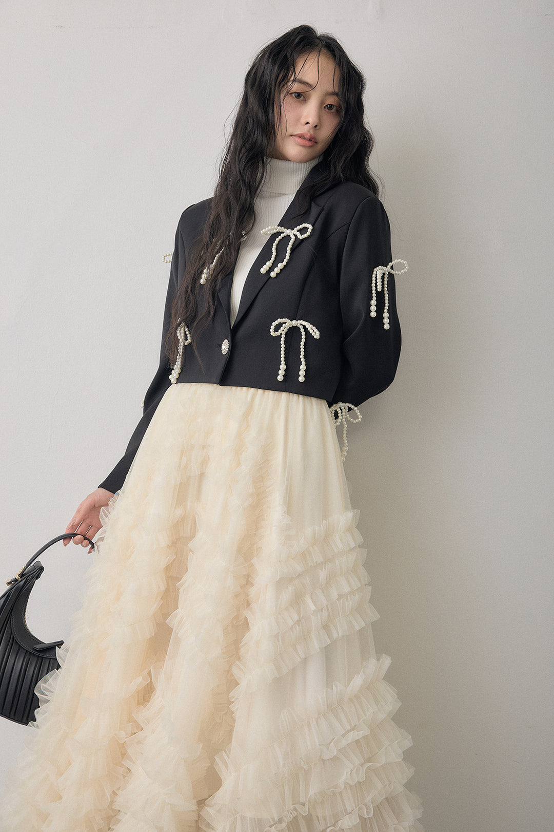 [予約/SET]パールリボンクロップドジャケット+スフレアシメチュールスカート(2set)