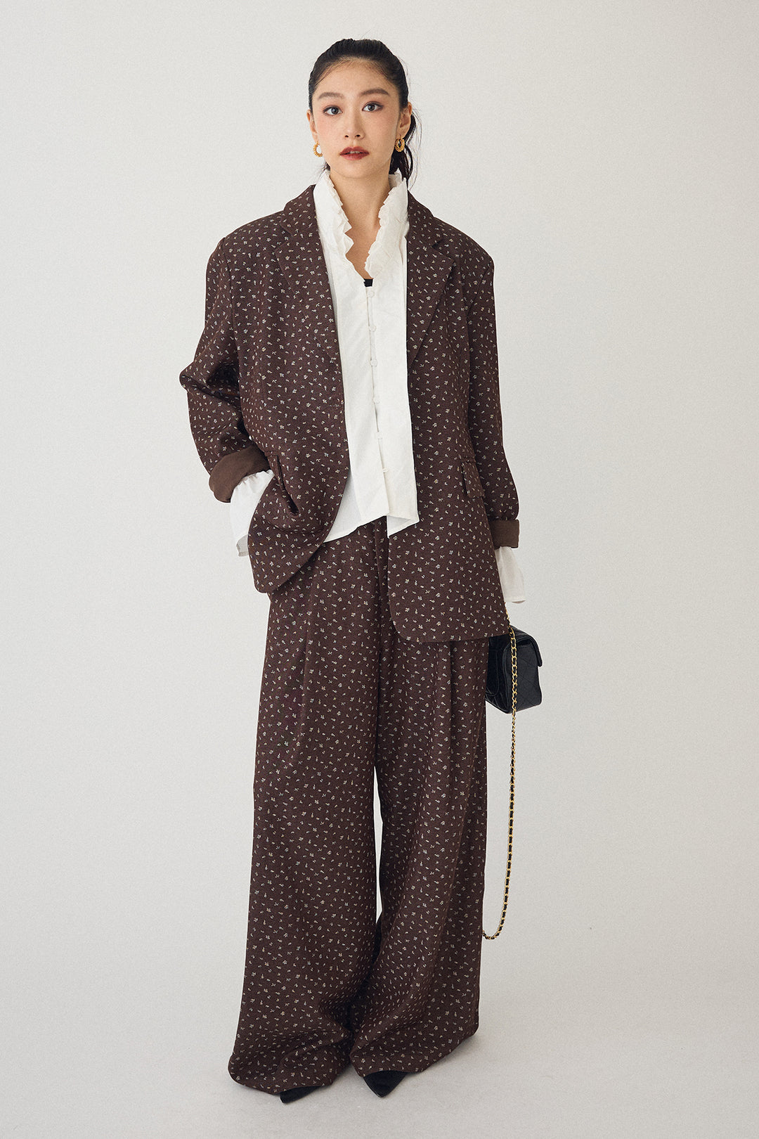 [予約/SET]ダブルプリーツカラーブラウス+ヴィンテージフラワー柄セットアップ(2set)