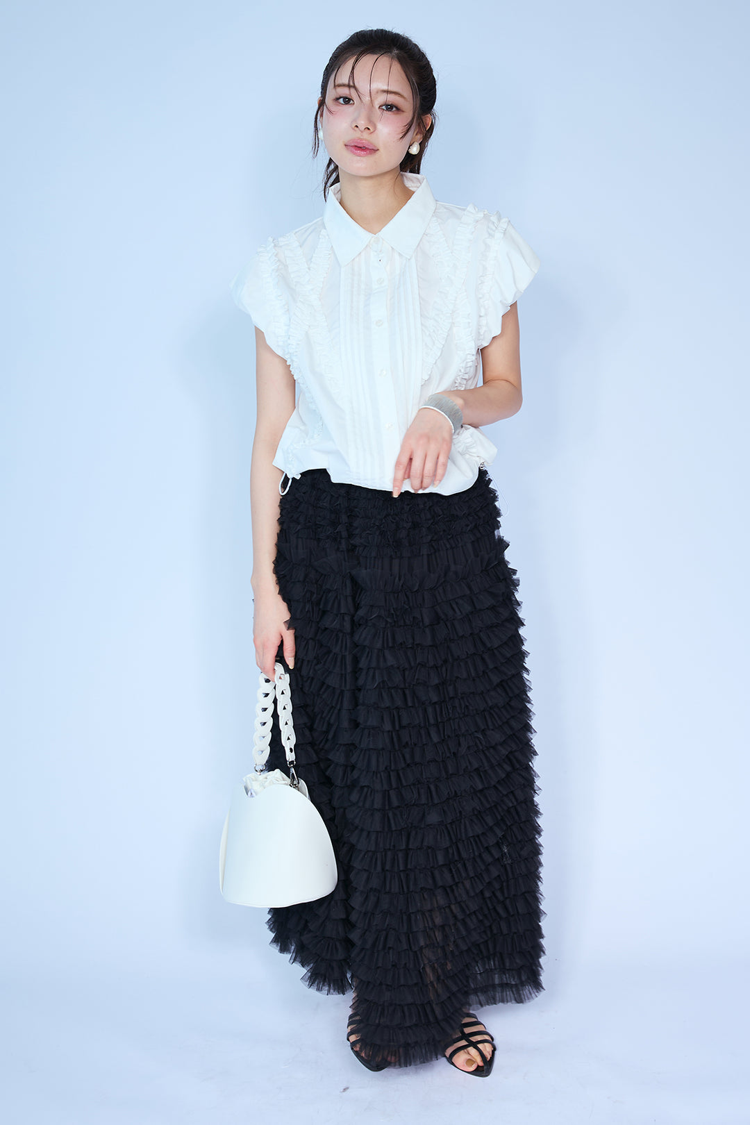 [予約/SET]ミックスフリルピンタックサイドドロストブラウス+ホイップチュールティアードスカート(2set)