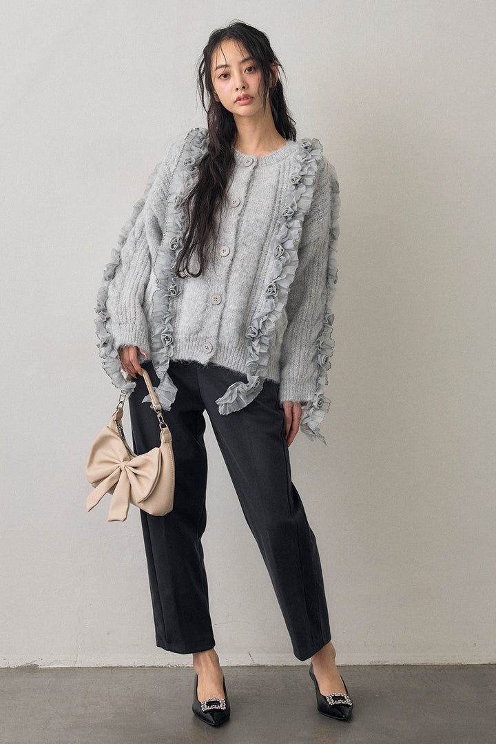 [予約/SET]フリルローズドッキングニットカーデ+ウォームセンタープレス美ラインテーパードパンツ(2set)