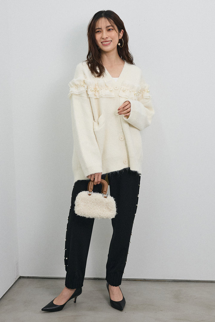 [予約/SET]フリルパールドッキングニットコーディガン+サイドパール裾タックジョガーパンツ(2set)