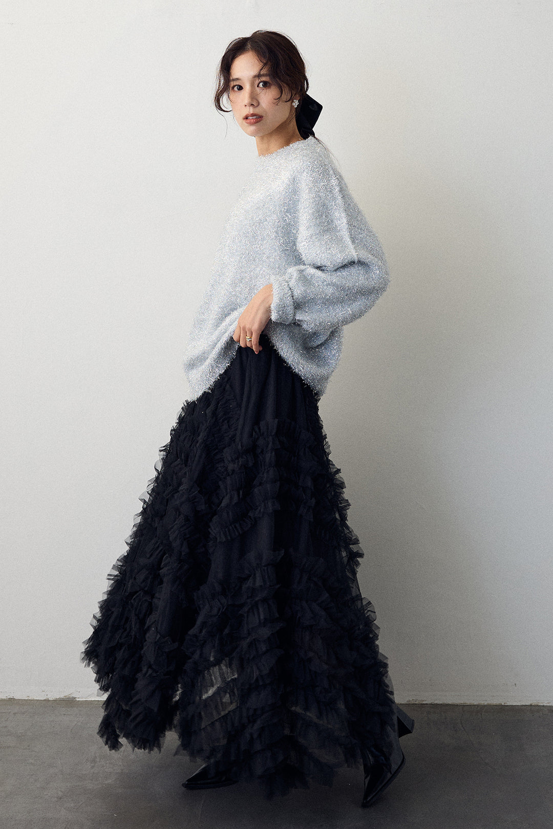 [予約/SET]グリッターラメニット+スフレアシメチュールスカート(2set)