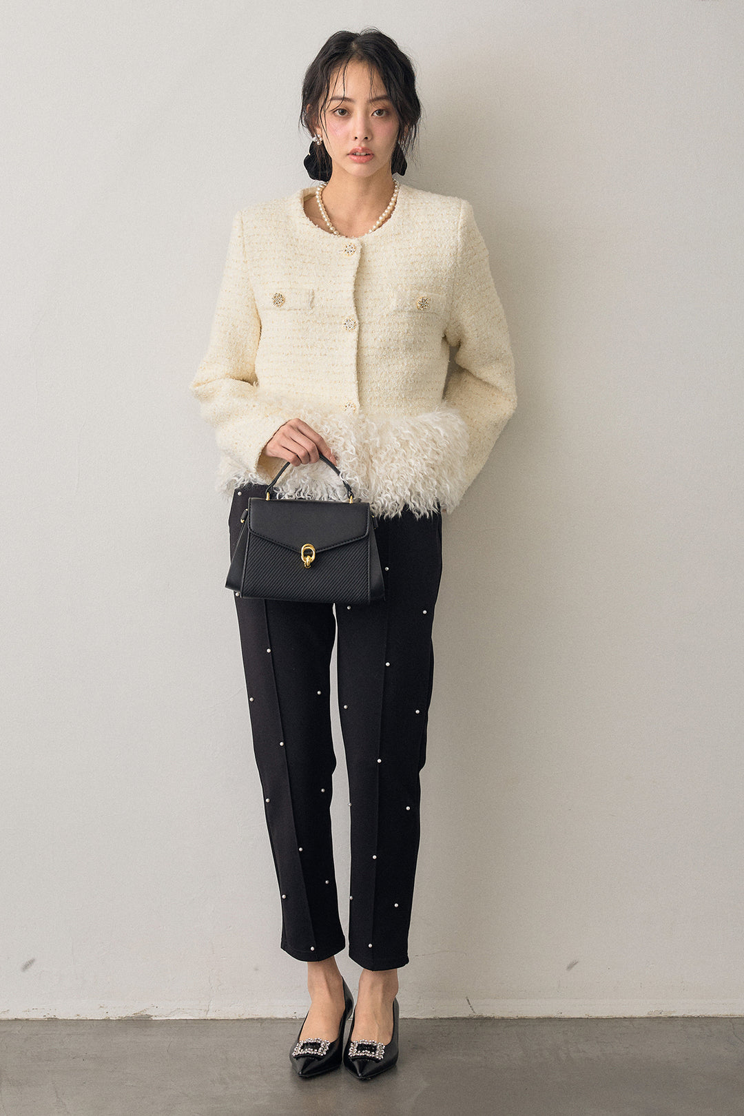 [予約/SET]中綿ツイードロングファードッキングジャケット+センターシームランダムパールパンツ(2set)