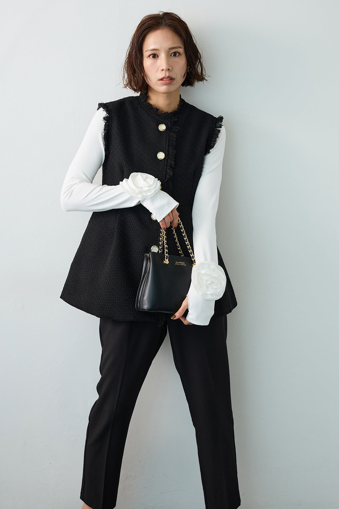 [予約/SET]ツイードペプラム美フォルムジレ+タックテーパードパンツ(2set)