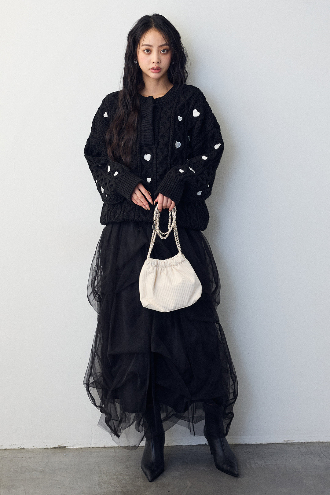 [予約/SET]ハート刺繍ケーブルデザインニット+マルチパターンタックチュールスカート(2set)