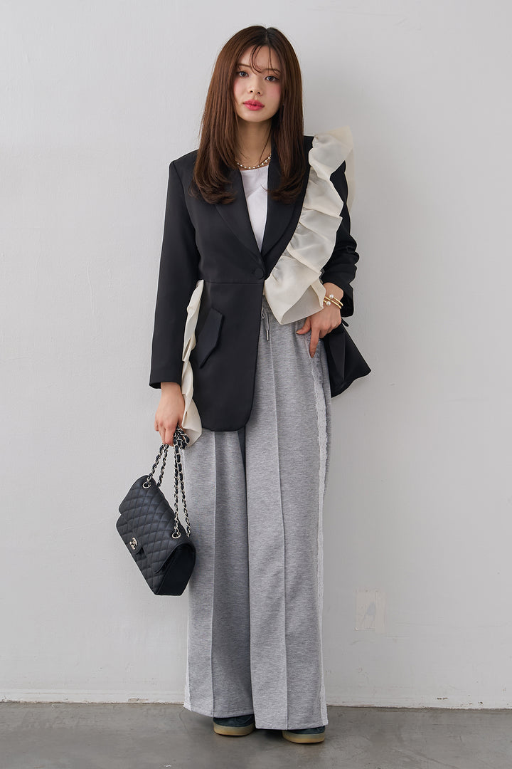 [予約/SET]アシメフリルマニッシュジャケット+サイドレースWフェイスカットソーパンツ(2set)