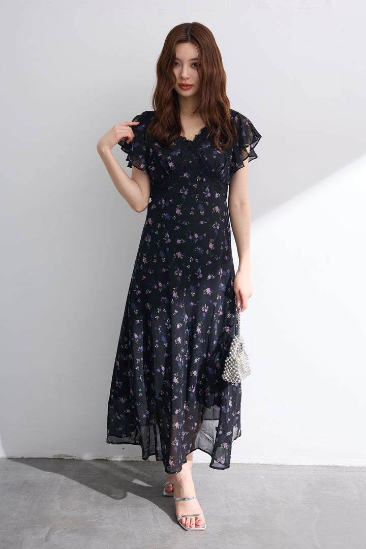 [予約]ニュアンスフラワーレースポイントシフォンワンピース