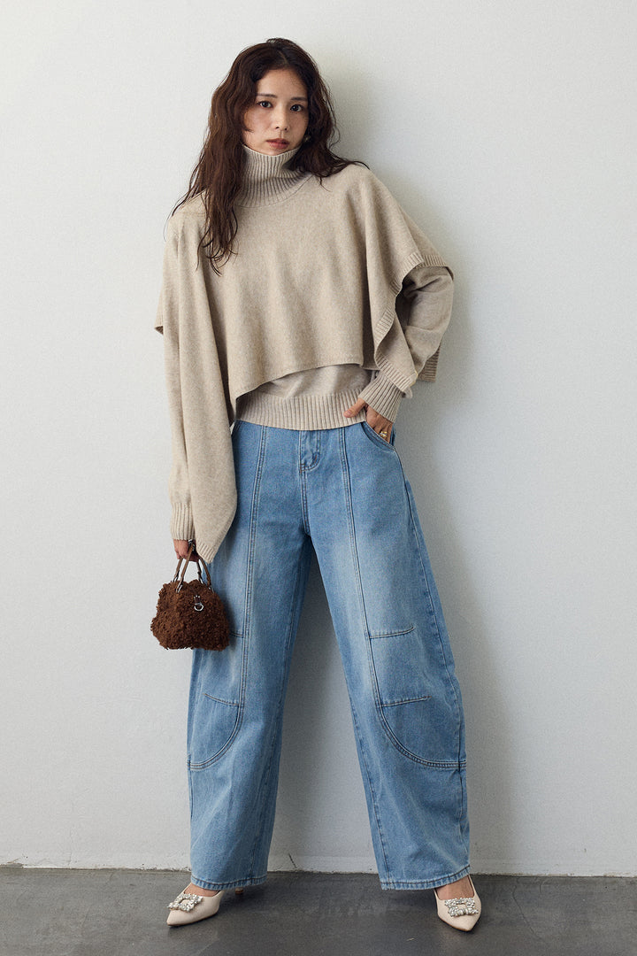 [予約/SET]アシメケープ2wayニット+ステッチ美ラインカーブデニムパンツ(2set)