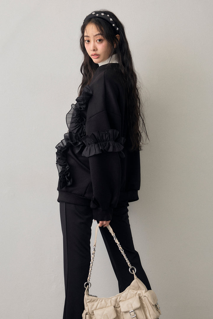 [予約/SET]異素材ランダムフリルポンチカーデ+センタースリットパールパンツ(2set)