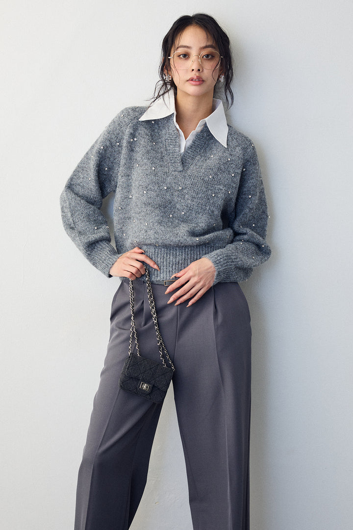 [予約]シャツ襟ラインストーンニットPO