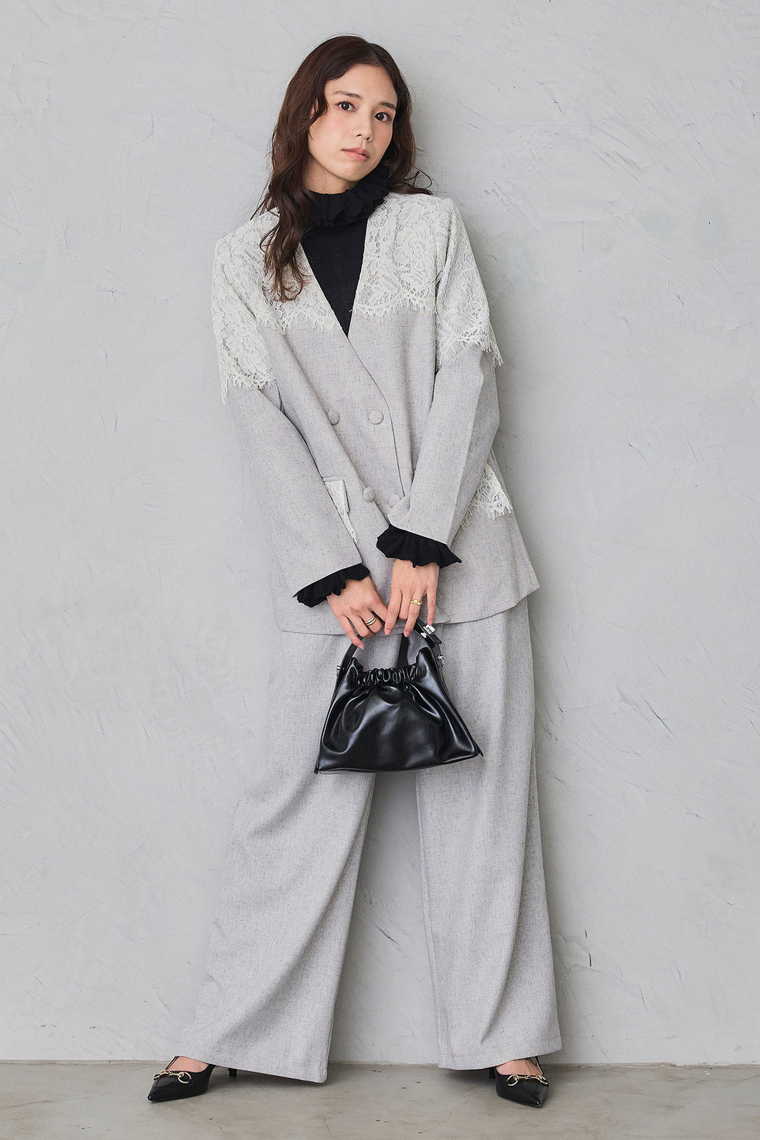 [予約/SET]ショルダーレースデザインジャケット+ライトツイードタックパンツ(2set)