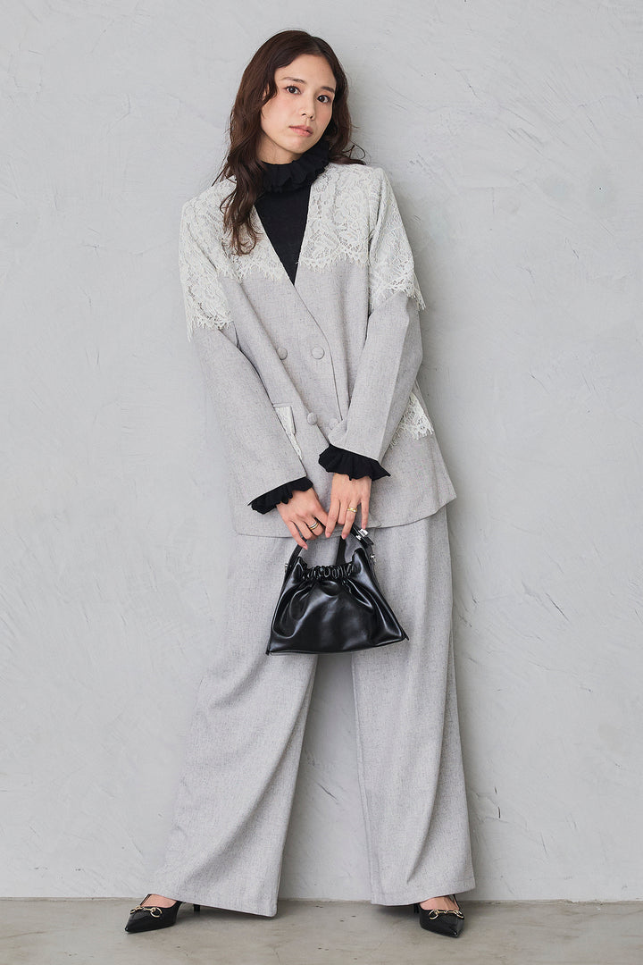 [予約/SET]ショルダーレースデザインジャケット+ライトツイードタックパンツ(2set)