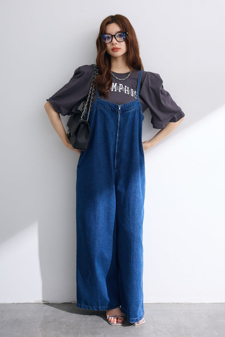 [予約/SET]ロゴパフスリーブデザインTシャツ+フロントZIPデニムサロペ(2set)