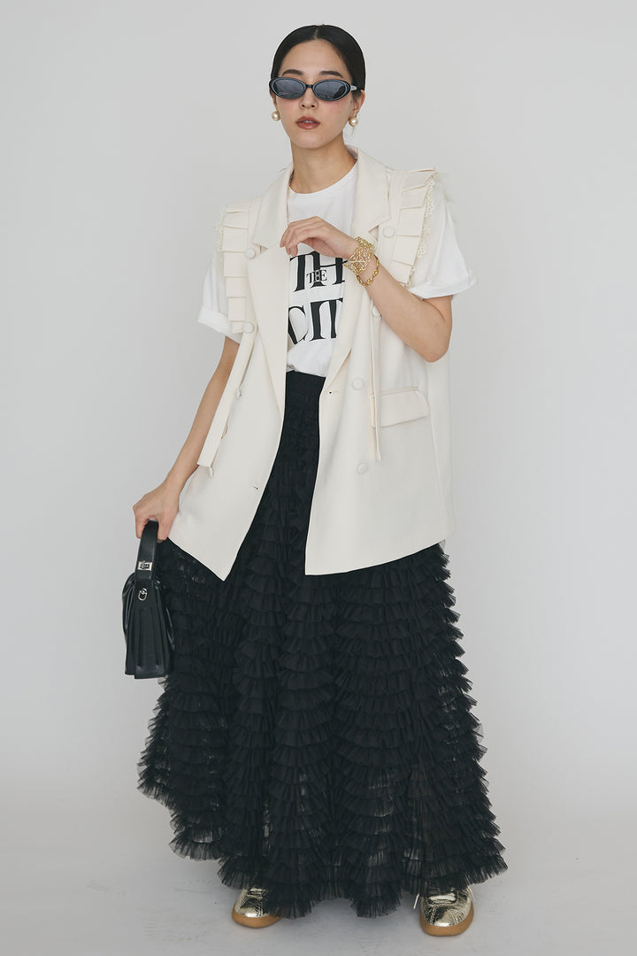 [予約/SET]フリルショルダーテーラーマニッシュベスト+ホイップチュールティアードスカート(2set)