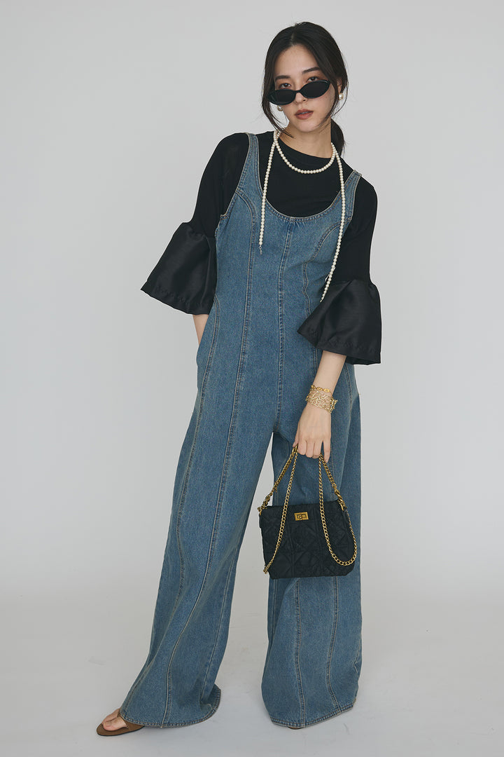 [予約/SET]タックフレア異素材ドッキングニットPO+美ラインデニムサロペット(2set)