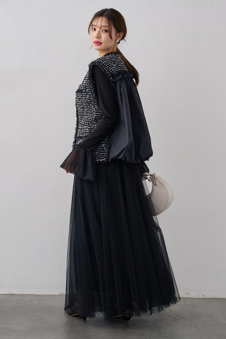 [予約/SET]チュールシアーカフスリブニット+異素材切り替えツイードベスト+エアリーチュールフレアスカート(3set)