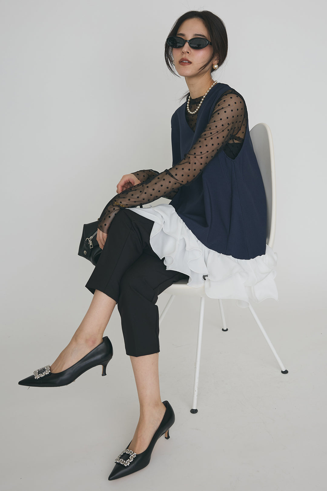 [予約/SET]異素材フリルヘムVネックチュニック+タックテーパードパンツ(2set)