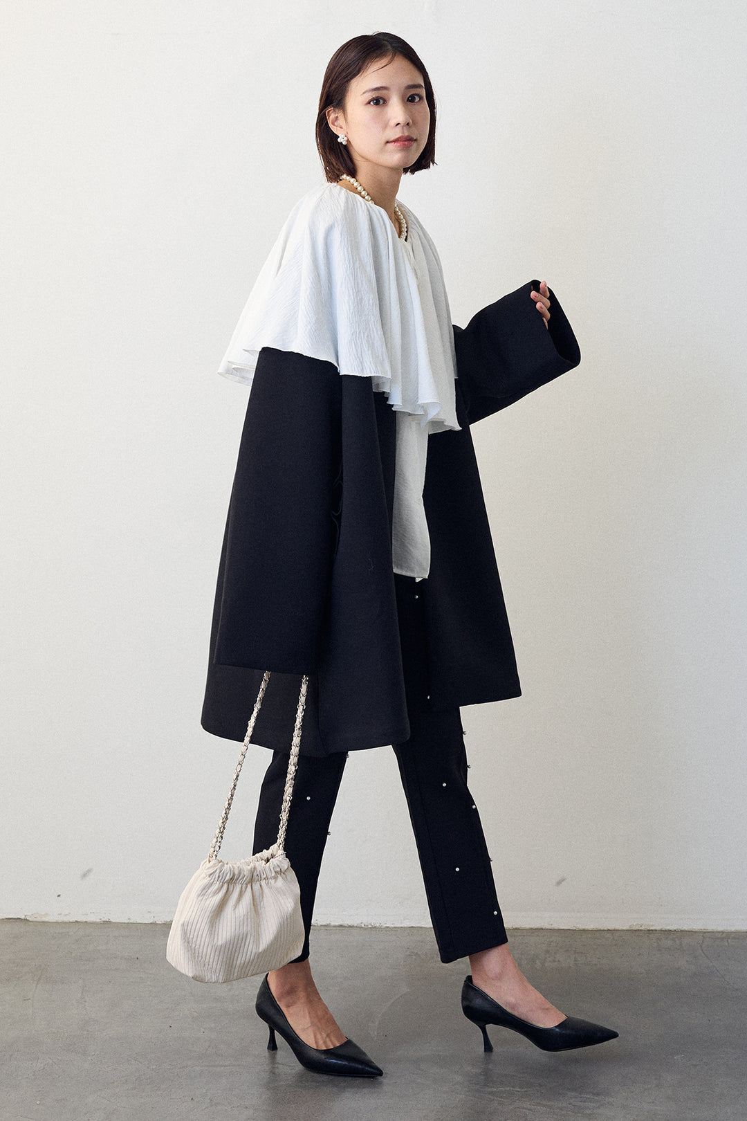 [予約/SET]BIGフリルカラーブラウス+フリルポケットボンディングノーカラーコート(2set)