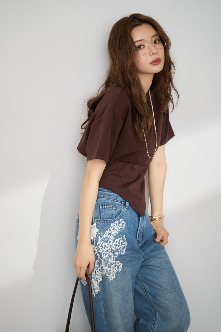 [予約/SET]バックレースアップTシャツ+レースプリントデザインデニムパンツ(2set)