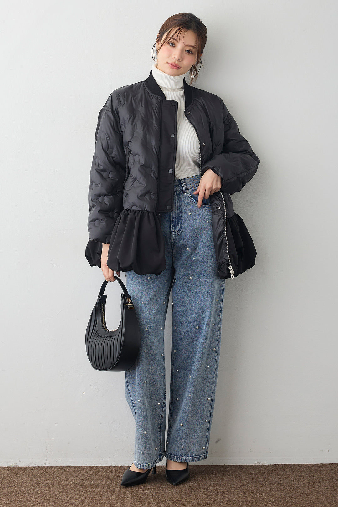 [予約/SET]ベーシックリブタートルニット+ヘムギャザードットキルティング中綿フレアコート(2set)