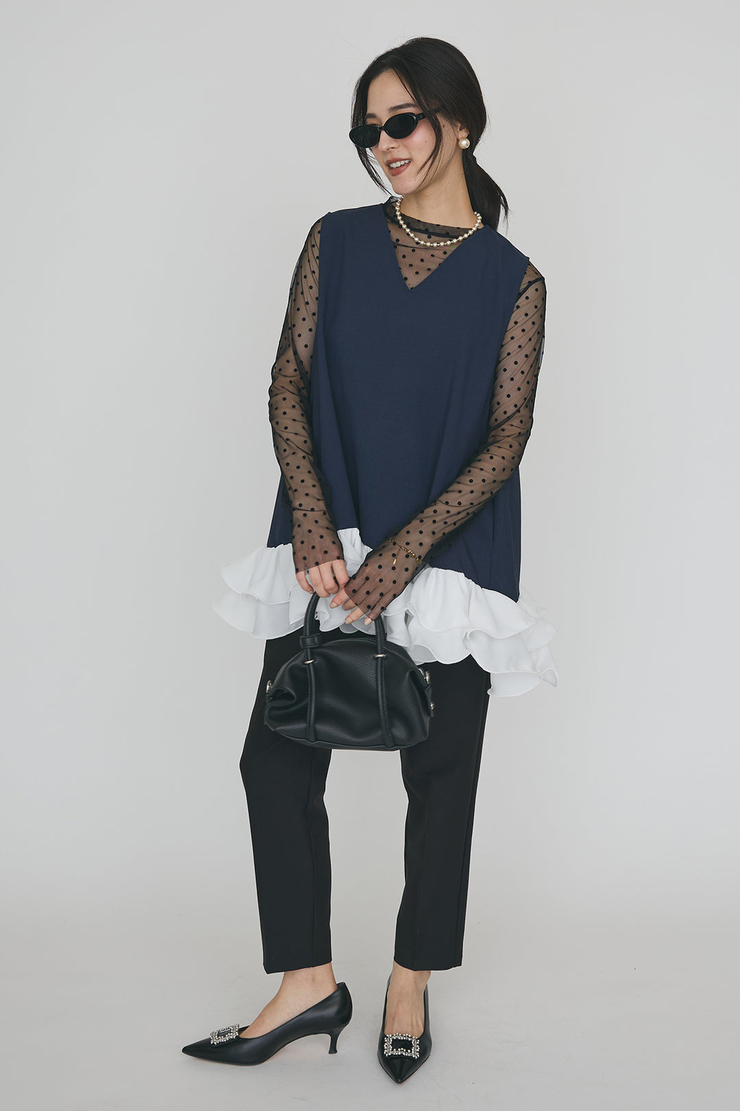 [予約/SET]シアードットフロッキートップス+異素材フリルヘムVネックチュニック+タックテーパードパンツ(3set)