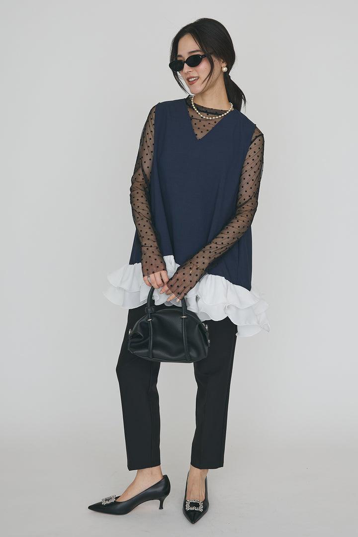 [予約/SET]シアードットフロッキートップス+異素材フリルヘムVネックチュニック+タックテーパードパンツ(3set)