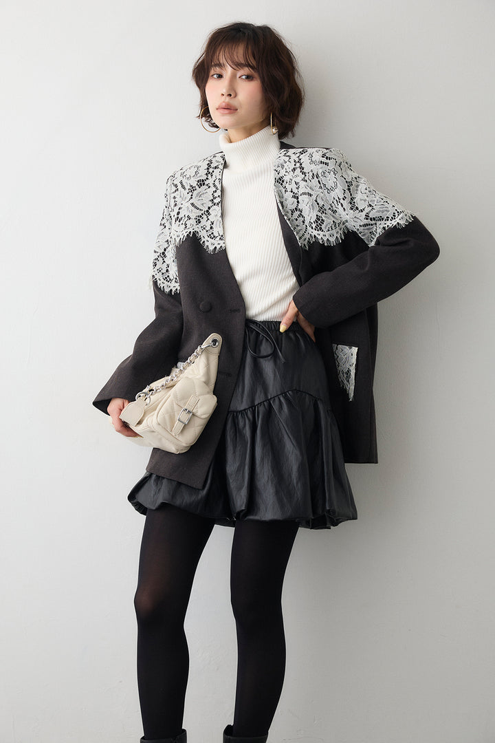 [予約/SET]ショルダーレースデザインジャケット+フェイクレザーティアードバルーンミニスカート(2set)