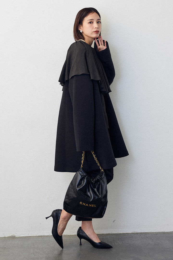 [予約/SET]BIGフリルカラーブラウス+フリルポケットボンディングノーカラーコート+センターシームランダムパールパンツ(3set)