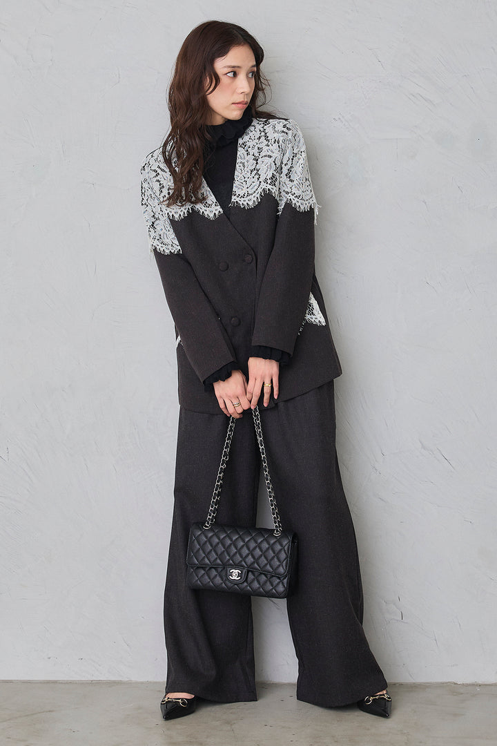 [予約/SET]ダブルフリルカラーニットプルオーバー+ショルダーレースデザインジャケット+ライトツイードタックパンツ(3set)