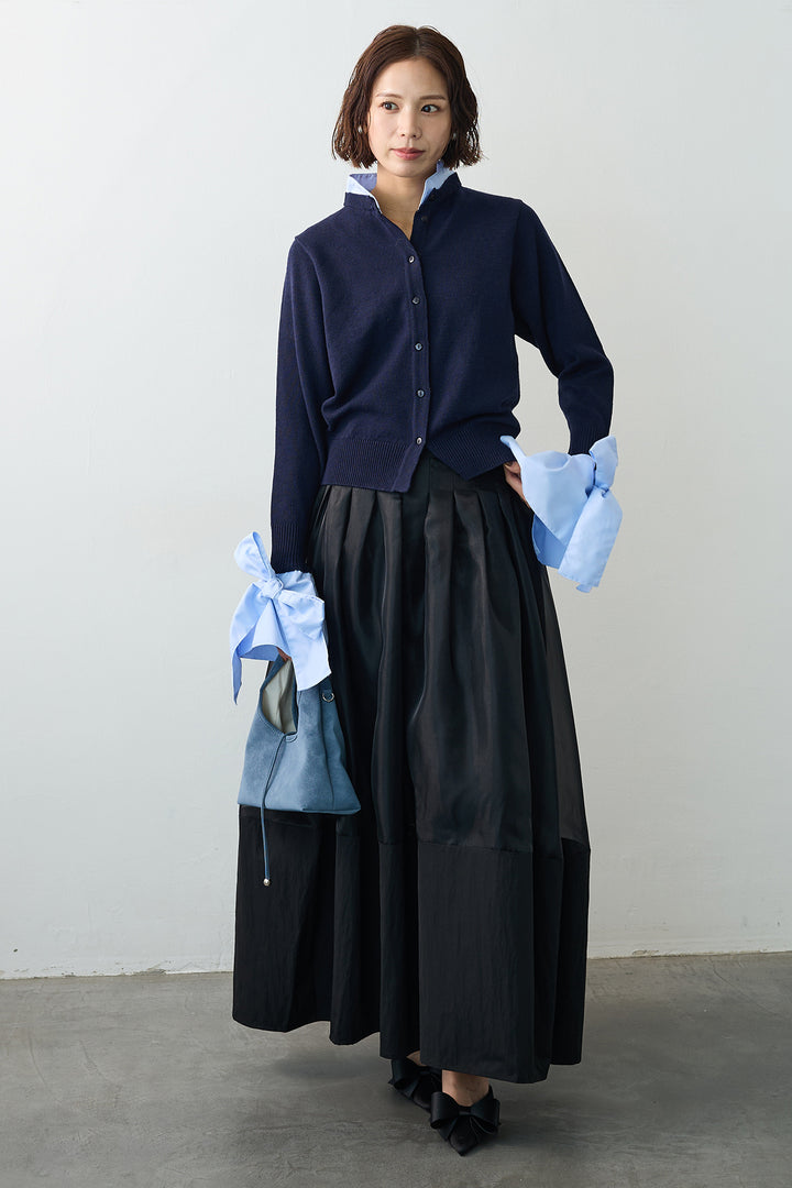 [予約/SET]BIGリボンカフスデザインニットドッキングカーデ+オーガンジー×タフタコクーンスカート(2set)
