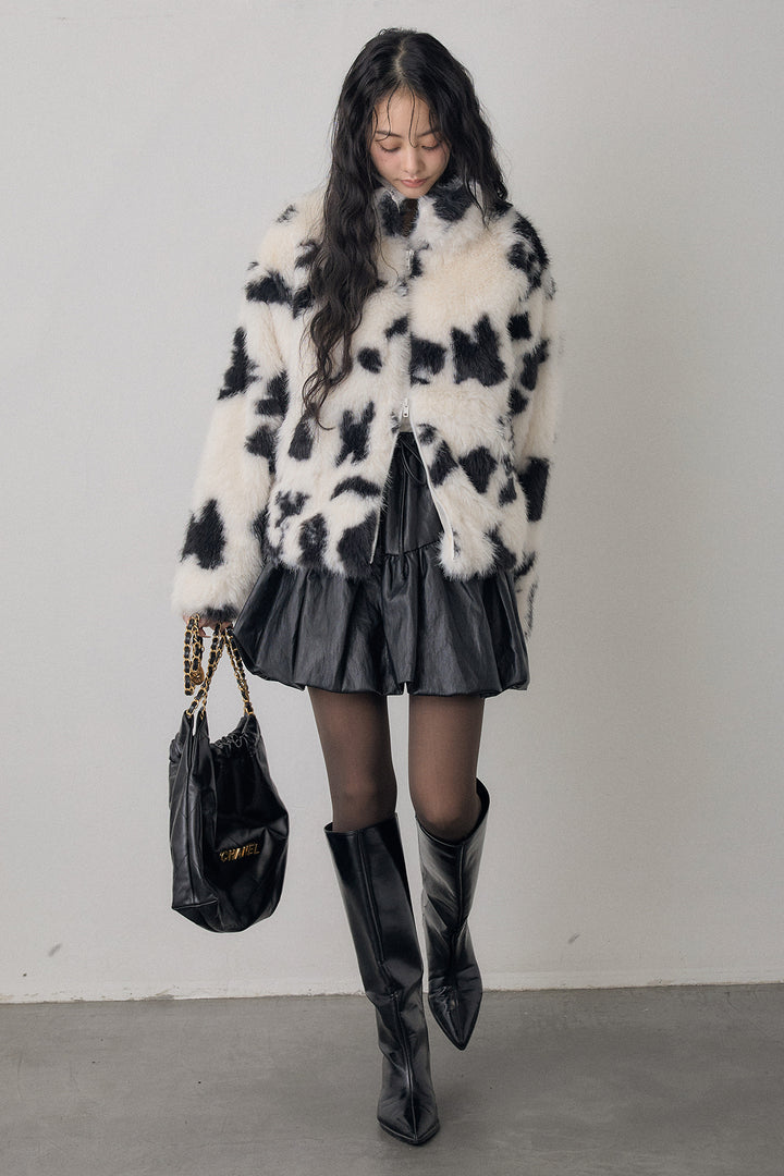 [予約/SET]COW柄スタンドファーライクコート+フェイクレザーティアードバルーンミニスカート(2set)