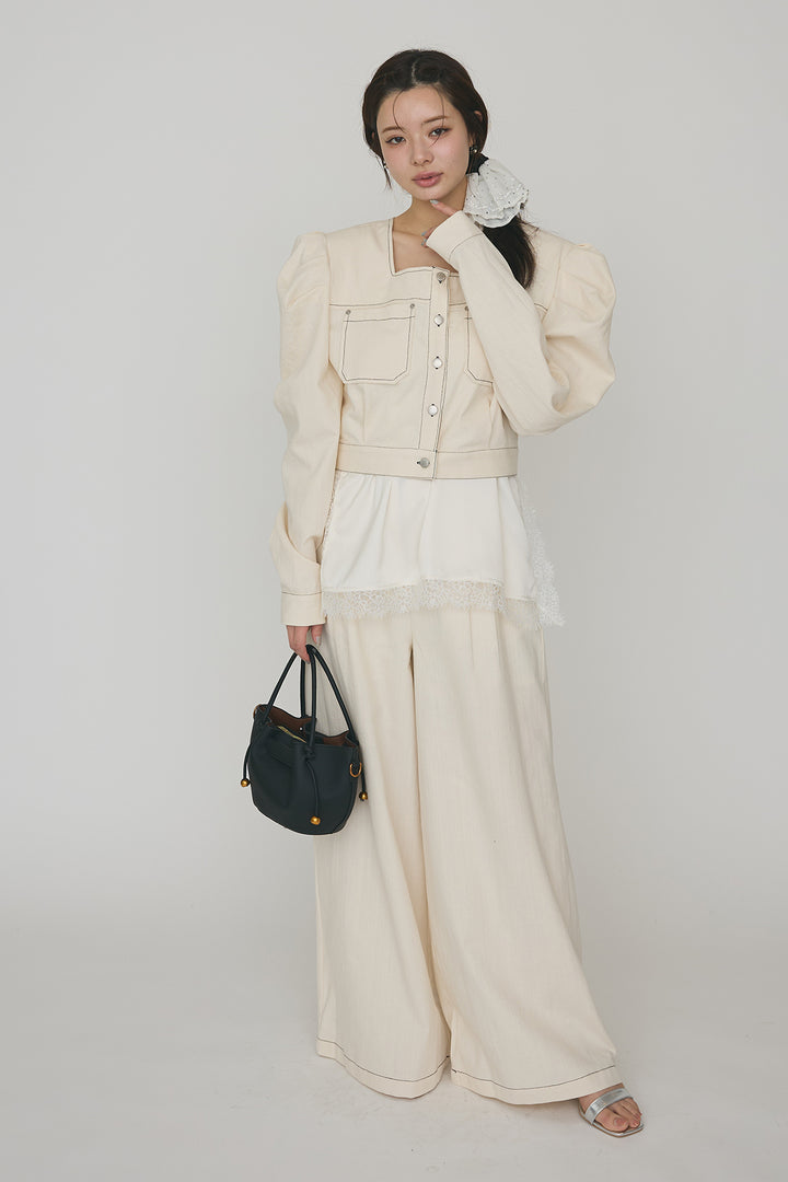 [予約/SET]ステッチパフスリーブクロップドジャケット+ステッチデザインハイウエストデニムパンツ(2set)