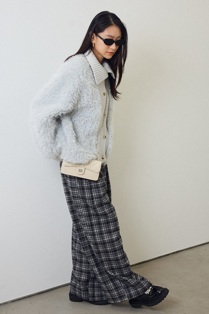 [予約/SET]シャギーファー×リブニットミックスジャケット+ハイウエストチェックセミワイドパンツ(2set)